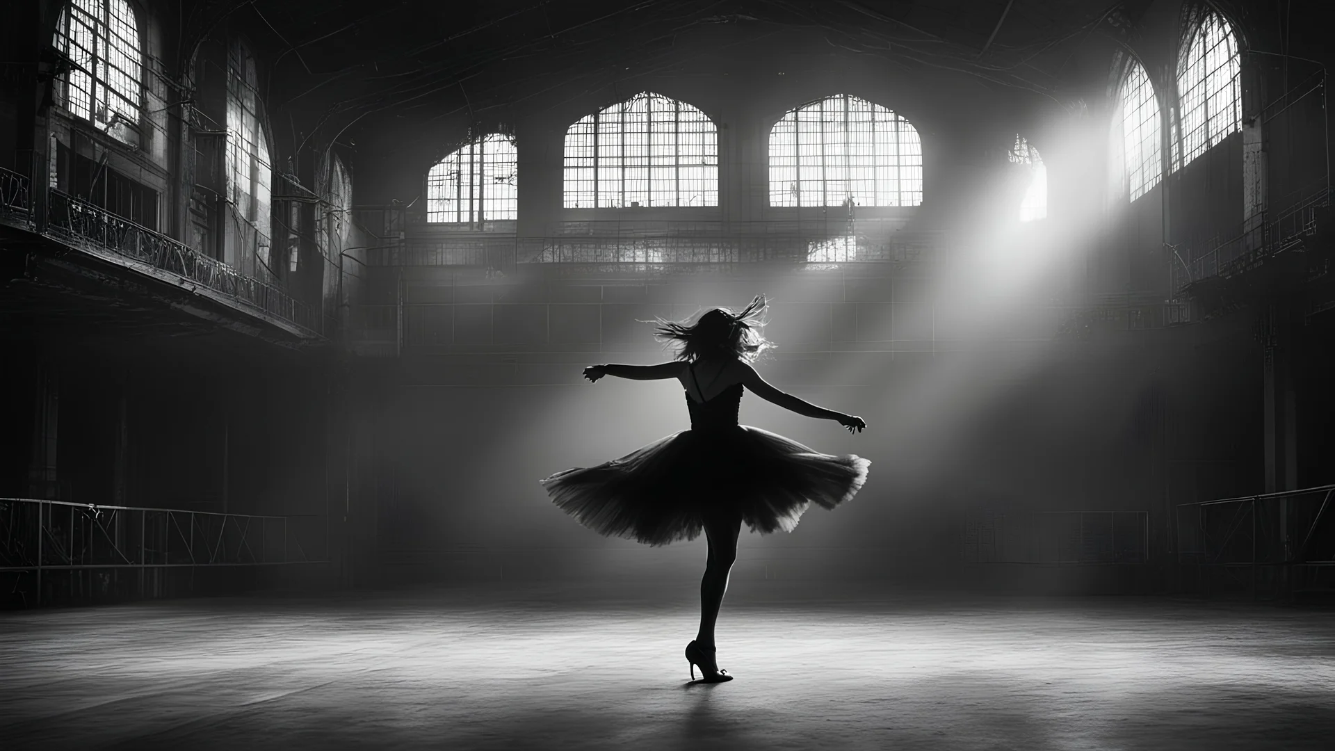 dark mysterious gigantic old hangar, girl dancing, photographic, black and white