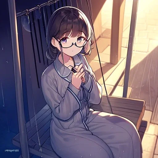 anime girl writing with a pencil in her hand in a book sitting on a porch swing of a very old house in the rain, wearing pajamas,wearing glasses, rain and raindrops
