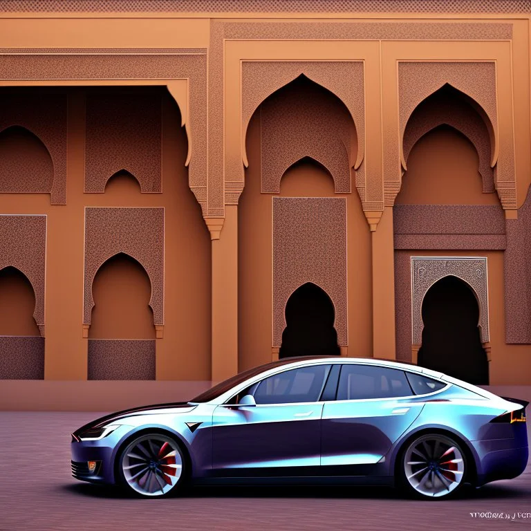 A Tesla's 'Model S Plaid' is parked, within 'Jemaa el-Fnaa', in Marrakesh. CINEMATIC. WIDE ANGLE LENS.
