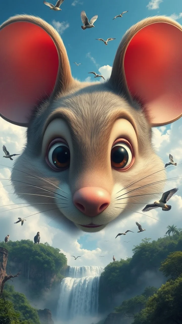 A giant mouse face with big eyes, in the background big monkey and birds with a lot of clouds and waterfalls