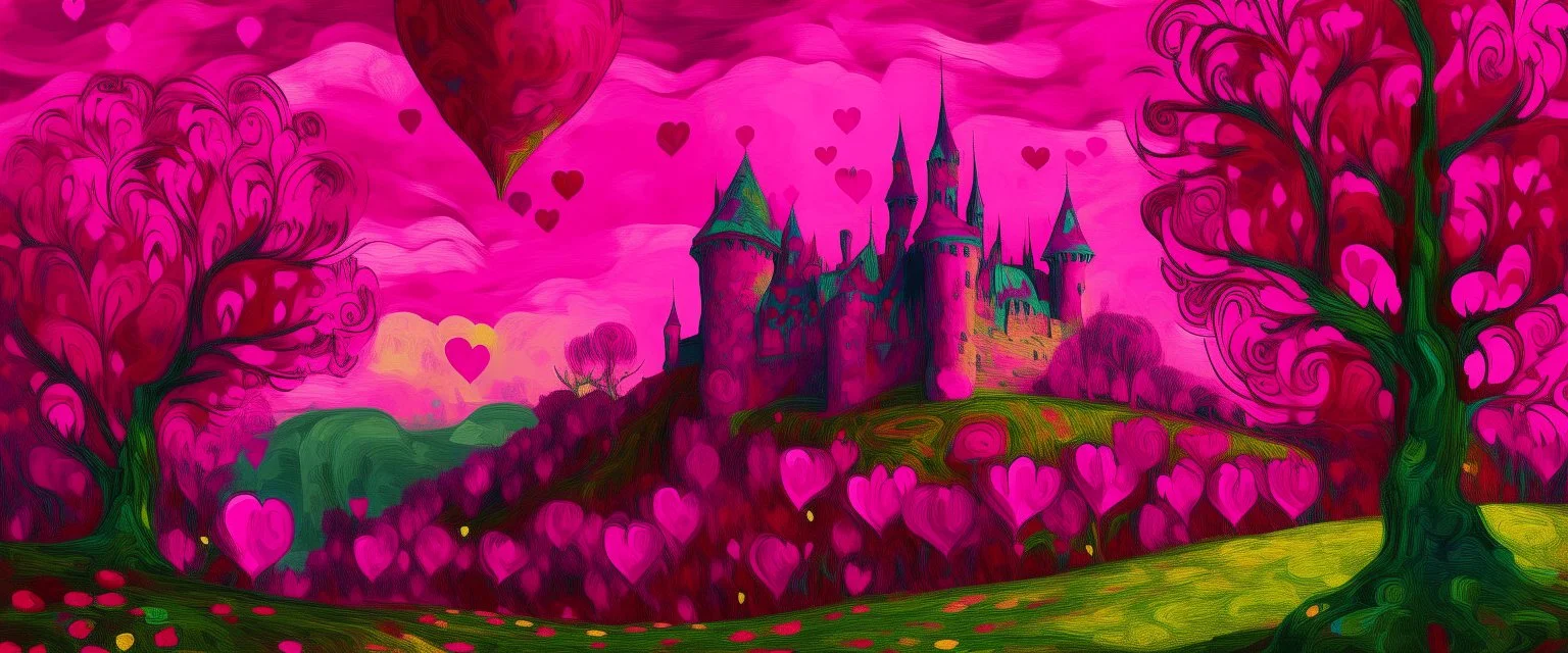 A magenta kingdom with hearts painted by Vincent van Gogh