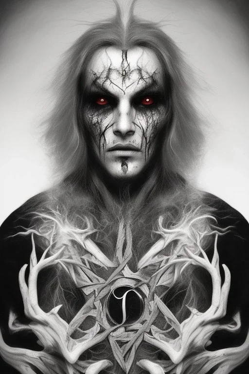 Symmetric portrait of a man with black metal facepaint, with long white hair, with a satanic pentagram on his chest, with bloody eyes, no hands and no smoke