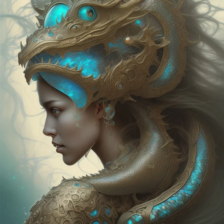 sango fantasy, fantasy magic, intricate, sharp focus, illustration, highly detailed, digital painting, concept art, matte, artgerm and paul lewin and kehinde wiley, masterpiece silver dragon head golden Asian nice breast Afo woman turquoise waves