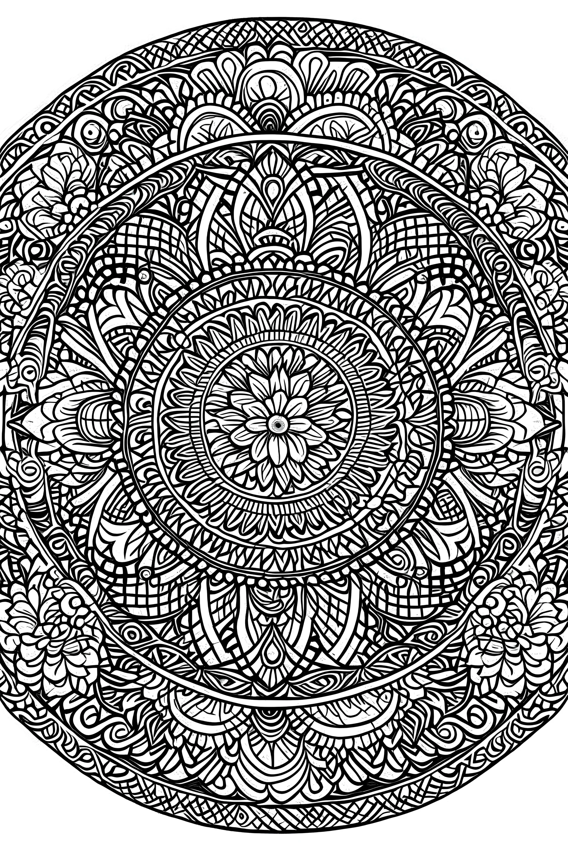 A Mandela design coloring sketch page , just black and white , no background