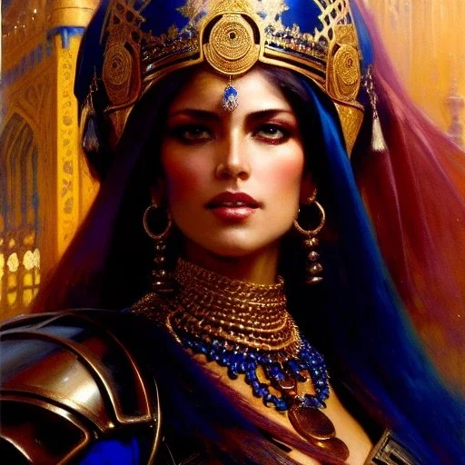 portrait beautiful face queen of Sheba ,busty,medieval metal armor balanciaga fashion clothe painting by gaston bussiere, greg rutkowski, yoji shinkawa, yoshitaka amano, tsutomu nihei, donato giancola, tim hildebrandt, oil on canvas, cinematic composition, extreme detail,fit full head inside picture