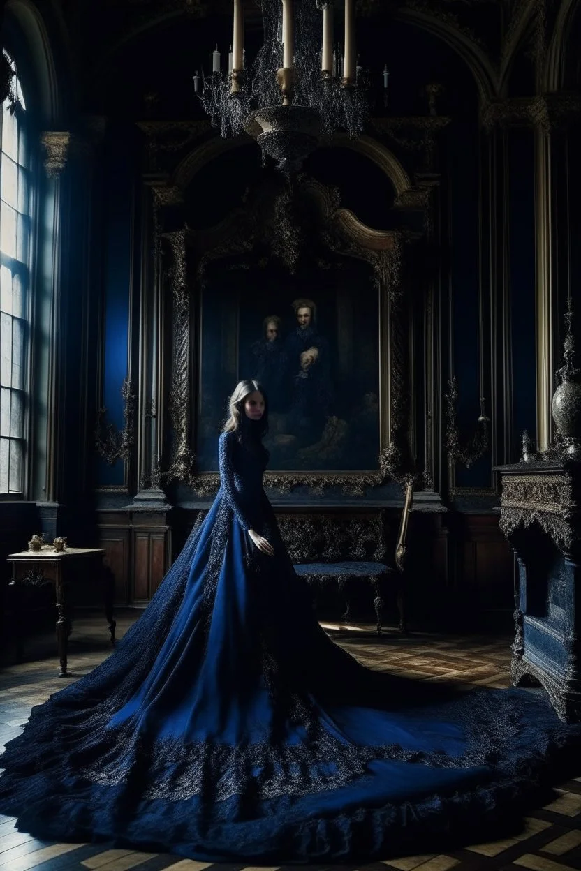 The Countess is a ghost, she has a long, flowing dark blue dress, she is in her castle, Hanging in the castle room, there is a tapestry composed of the preserved faces of the Countess' ancient victims.