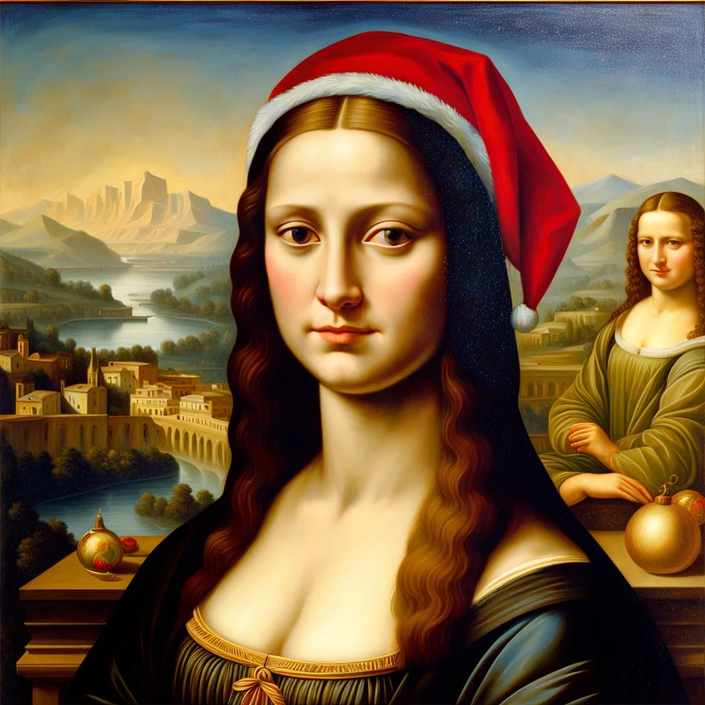 Pintura al oleo de La Monalisa de Leonardo Da Vinci con el gorro de navidad, maximalista, calidad ultra, hiperdetallado, 12k