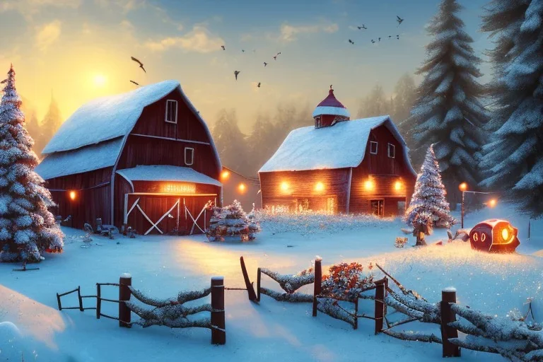 A 3D scene of a cute barn, December, snow, Pixar, Dreamworks, Disney, C4D, fun