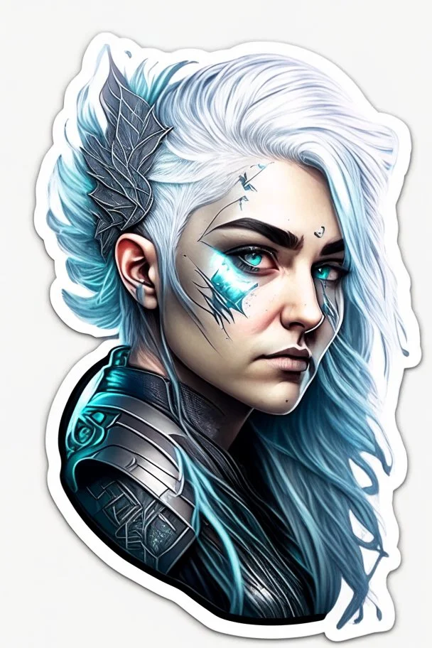 a sticker with a drawing of a woman's face, cyberpunk art inspired by Marco Mazzoni, Artstation, fantasy art, fantasy sticker illustration, intricate digital artwork, cyborg - girl with silver hair