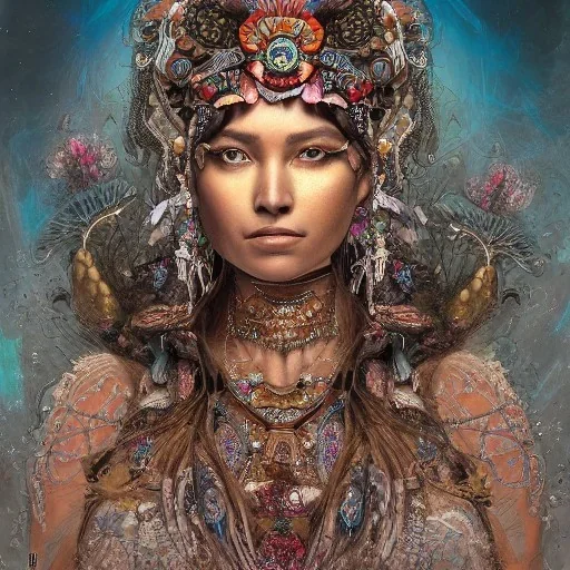 Insanely detailed photograph of an “portrait of gorgeous Aztec goddess ” with intricate hair, intricate embroidered dress, beautiful clear face and hyperdetailed painting by Ismail Inceoglu Huang Guangjian and Dan Witz CGSociety ZBrush Central fantasy art album cover art,8K, hdr, romantic, mysterious, ominous, flowers, jewelry, comfort, natural eyes, "arms open for embrace"