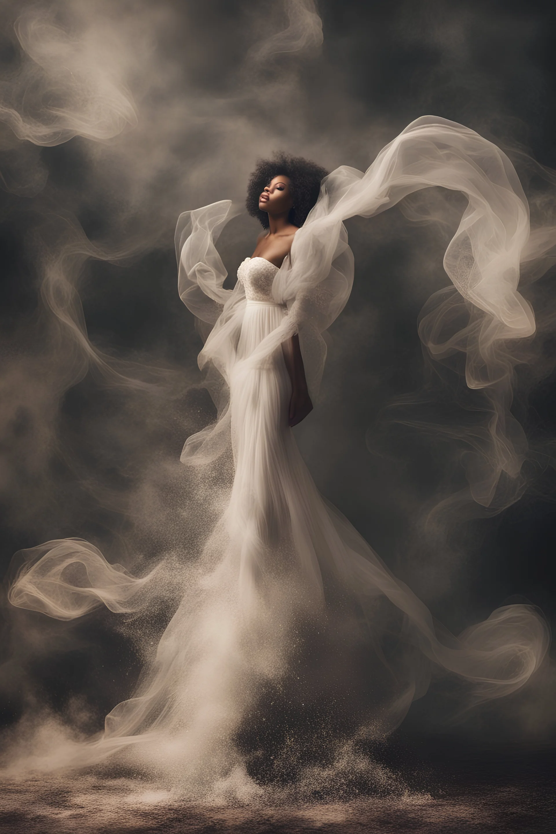 beautiful black women in white Smokey ethereal, heavenly background