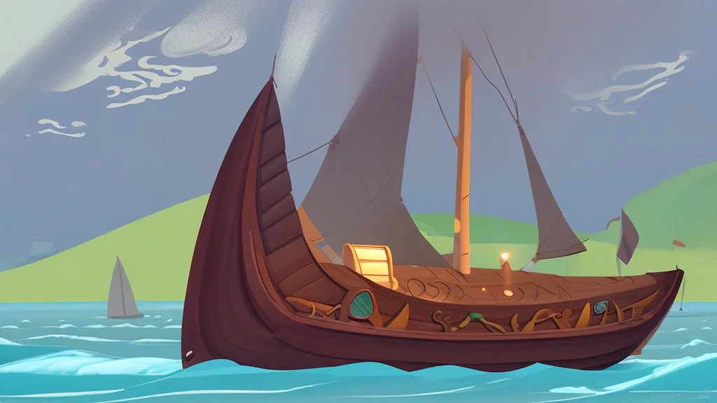 fantasy cartoon illustration: a new wooden boat in Ireland