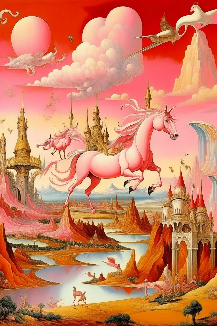 A pink magical winged unicorn kingdom painted by Salvador Dali