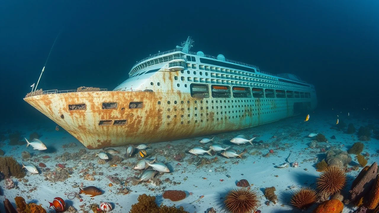 Underwater wreck of a massive cruise ship, on its side on the seabed, 200m below the surface. Debris from the ship on the seabed. Sea creatures including fish, jellyfish, sea urchins, shellfish. Seaweed. award-winning photograph, exquisite realism