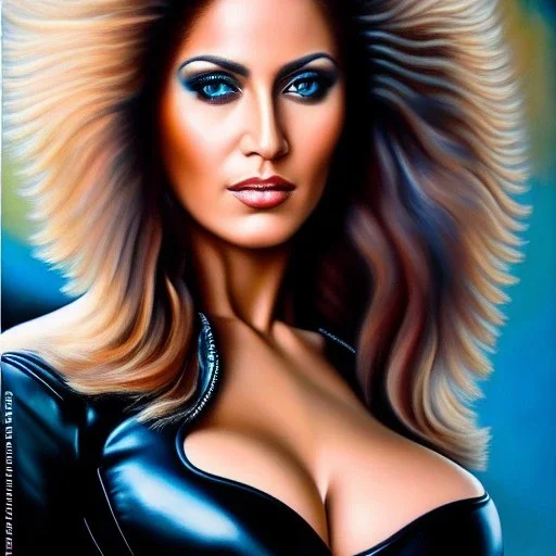 Ultra detailed fullbody Portrait in oil on canvas of busty female Biker,extremely detailed digital painting,ultrarealistic skin,intense stare, extremely detailed face, crystal clear eyes, mystical colors ,perfectly centered image, perfect composition, rim light, beautiful lighting,masterpiece ,8k, stunning scene, raytracing, anatomically correct, in the style of Simon Bisley and uncannyknack and Ohrai Noriyoshi and robert e howard and Steve Jung.