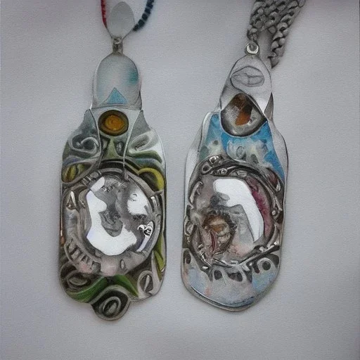 pendant in a form of two conjoined silver coins, watercolor, large strokes, artwork, fantasy