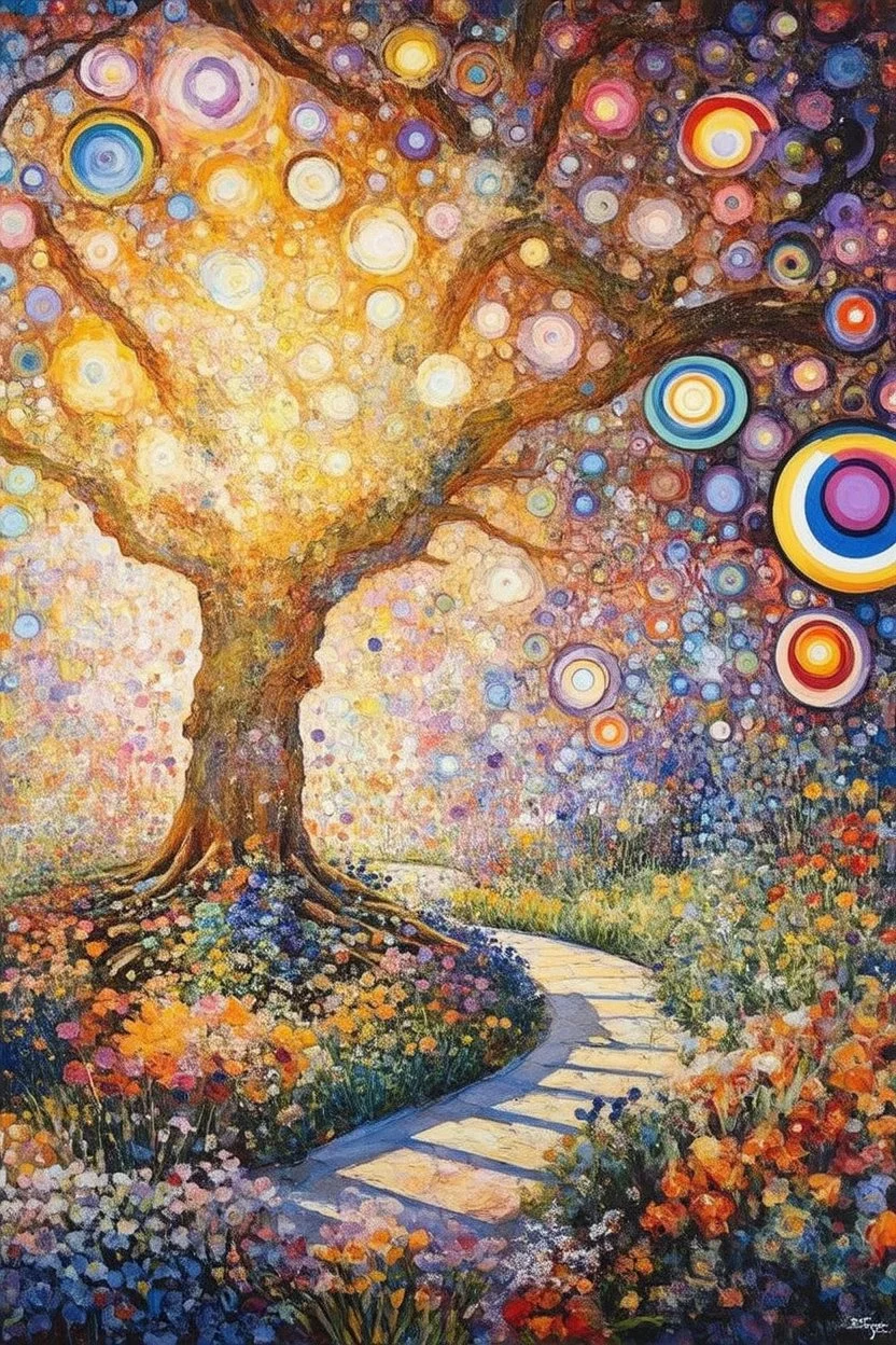 flower garden beneath a huge tree; unusual energy Modifiers: intricate oil on canvas dynamic lighting colourful Gustav Klimt Marc Chagall Watercolor painting Stained Glass Sonia Delaunay intricate oil on canvas intricate oil on canvas oil on canvas