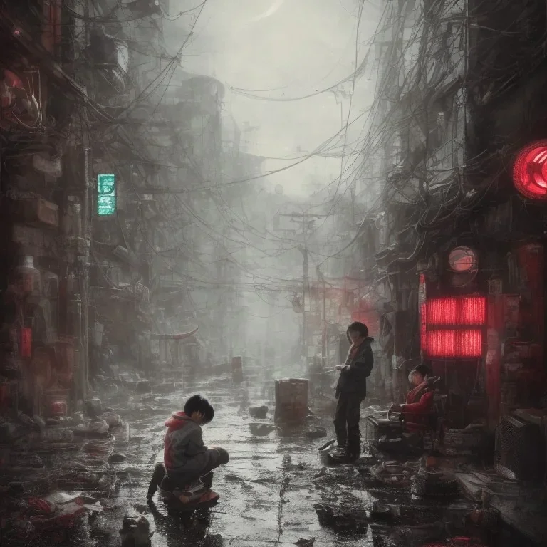 just a distant japanese boy, Christmas night, photo from behind, black hair, sitting on floor, akira red jacket with pill in the back, tokyo post apocalyptic, rain, extremely detailed, extremely realistic