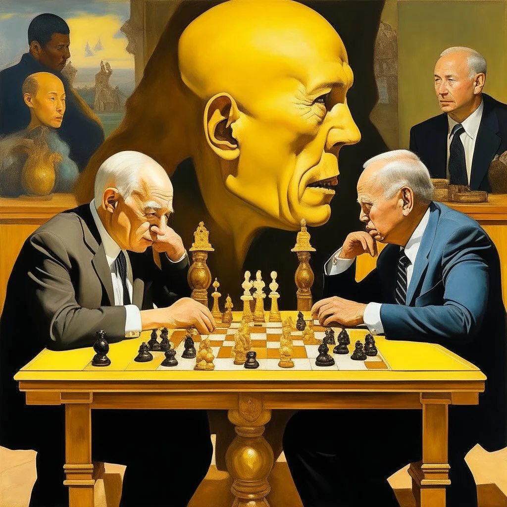 Putin, President Xi Of China And Joe Biden Play Chess With A Pigeon,Ufo And Atomic Bomb Mushroom Cloud,Complex Surgical Instruments Intermixed With A Newborn Boy,Minimalism,Painting By Adrian Ghenie,Rene Magritte,Pablo Picasso,Michelangelo,Salvador Dali,Lucian Freud