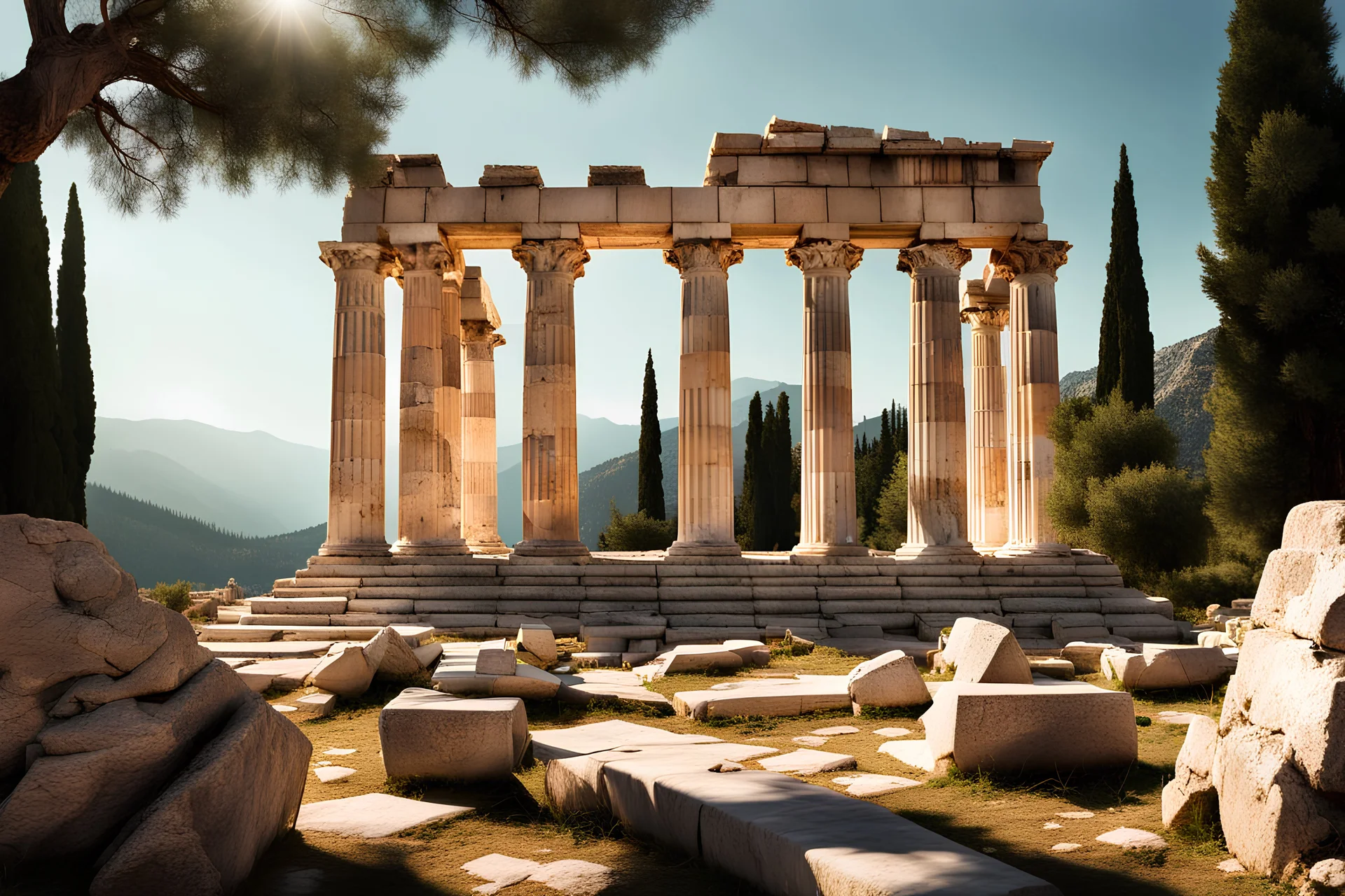 photographie haute résolution d'un temple grecque en marbre blanc, en ruine, angle de vue parfait, en extérieur, soleil éclatant, verdures, arbres méditerranéens tout autour, pinède, comme à Delphes en Grèce.