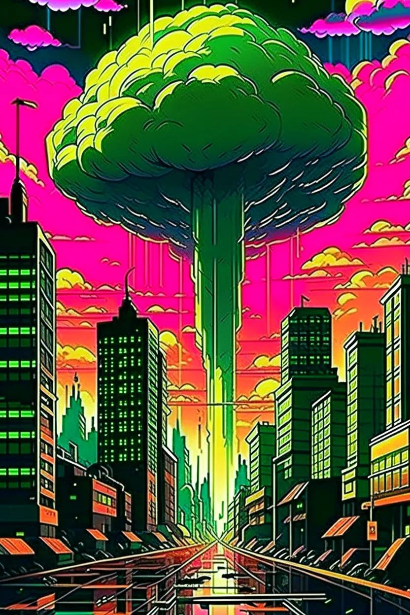 retro anime style, serius dark 1990s anime style, city, atomic mushroom cloud, synthwave