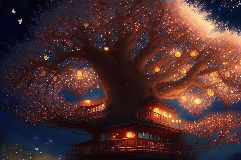 The tree of Heavens, huge tree floating heaven, warm and cozy, many huts on the tree, people, huge railing, firelights, blossoms, christmas decorations, fireflies, beautiful, Serene, Warm place