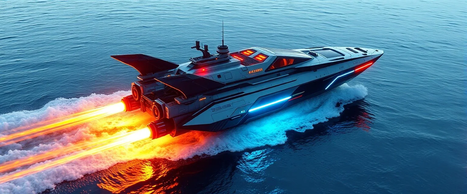 steam cybertruck katamaran boat spaceship hovering over water
