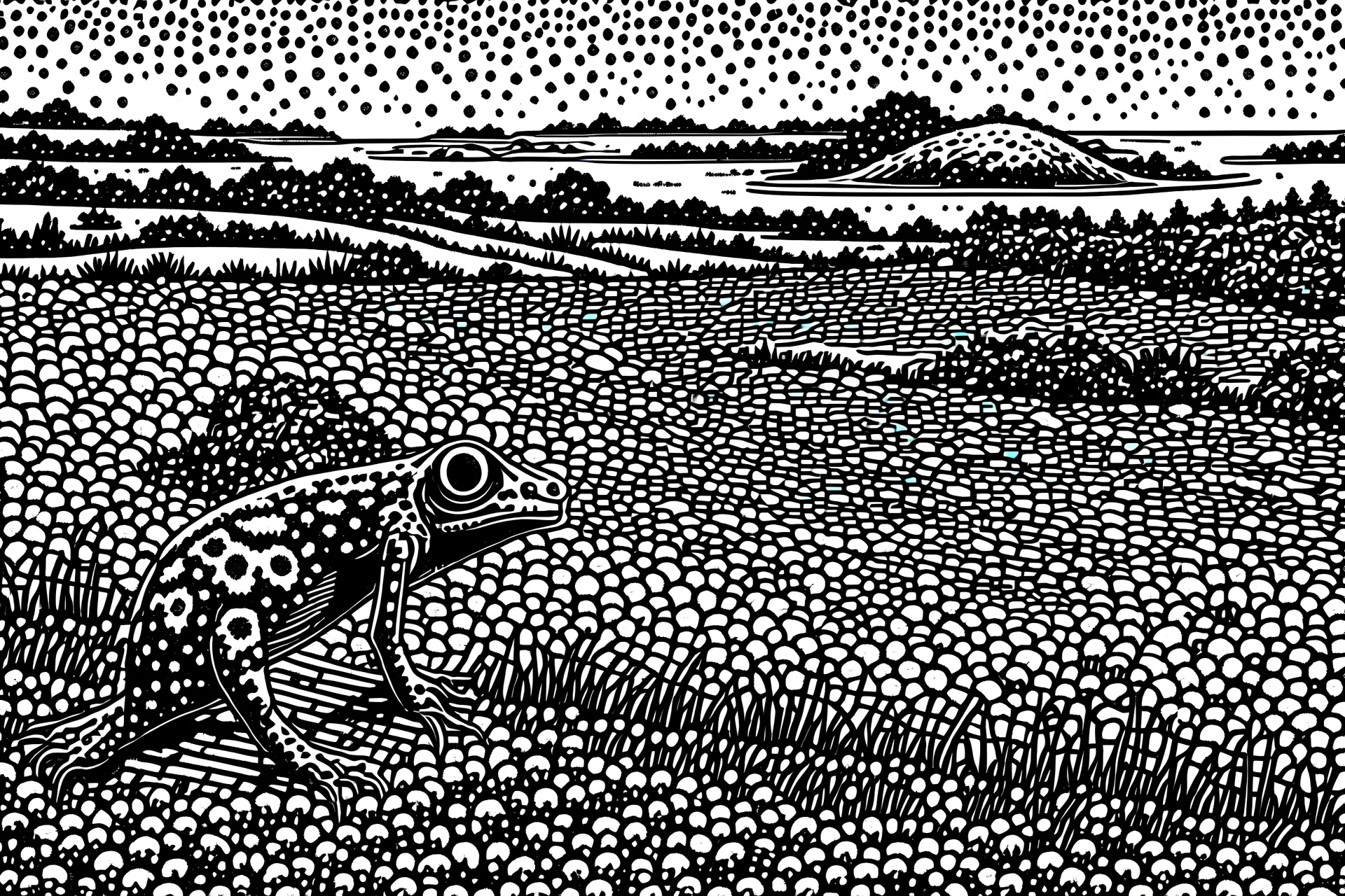 villagers sparsely dot the horizon to illustrate scale & proportion. towering over the landscape below. bad ass cartoon comic book secret superhero mutant psychic humanoid amphibian frog. longstanding archival monastic tradition of stylized high contrast black & white line drawing/printmaking antiquity archival