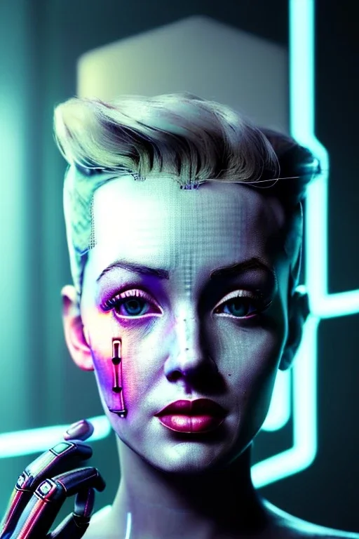 Ultra Realistic image, portrait, blonde woman, Marylin Monroe face, perfect iris, glow eyes, glow makeup. Cyborg, Cyberpunk, ex machina style, wires connected, oversized tight latex dress. fog, rain, soft color, highly detailed, unreal engine 5, ray tracing, RTX, lumen lighting, ultra detail, volumetric lighting, 3d, finely drawn, high definition, high resolution.