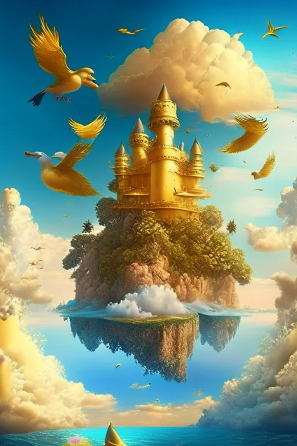 A golden castle in the middle of the sea surounded with the trees and big fruits , the clouds above and beautiful sky and birds ,The sea is fantastic...like paradise