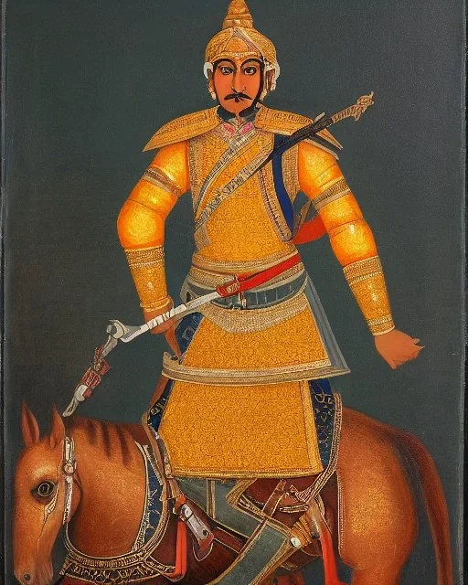 portrait of maharana Pratap with armor, sword, sitting on horse with spear on hand detailed, oil painting