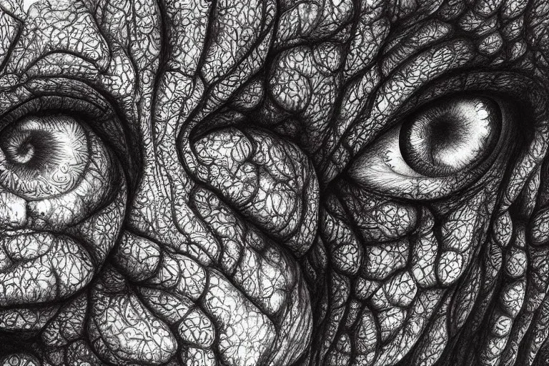 Extreme close-up, hyperdetailed photorealistic charcoal and ink mixed media drawing of a pair of eyes, vignette, tessellation fractal black and white, migraine migraineur pain, horror, stygian, gouache Jan Van Eyck John Stephens James McCarthy