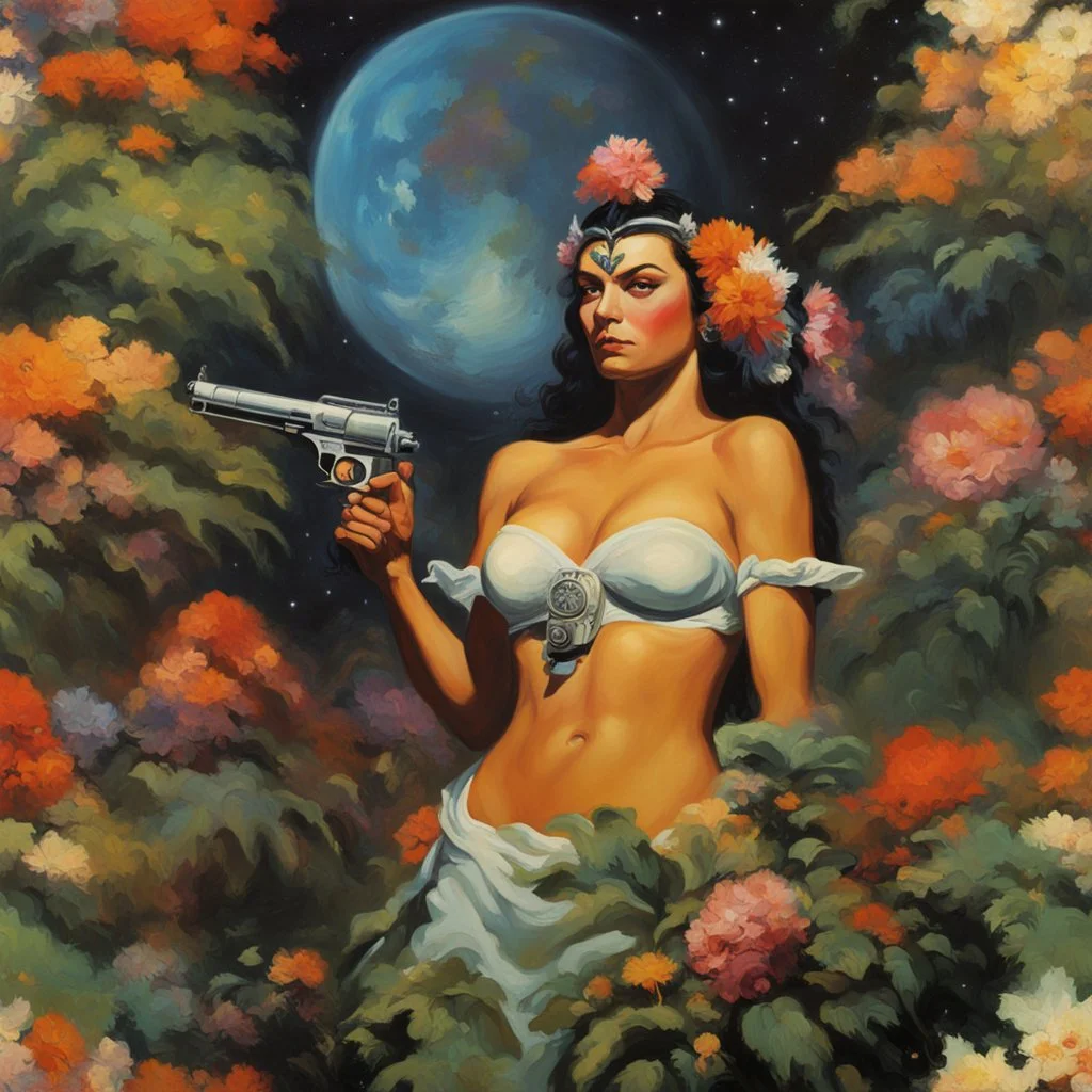 mugshot, Planet of the Vulcans, multicolored, large, floral designs, atmospheric, beautiful, oil painting by Frank Frazetta, 4k UHD, Photorealistic, professional quality