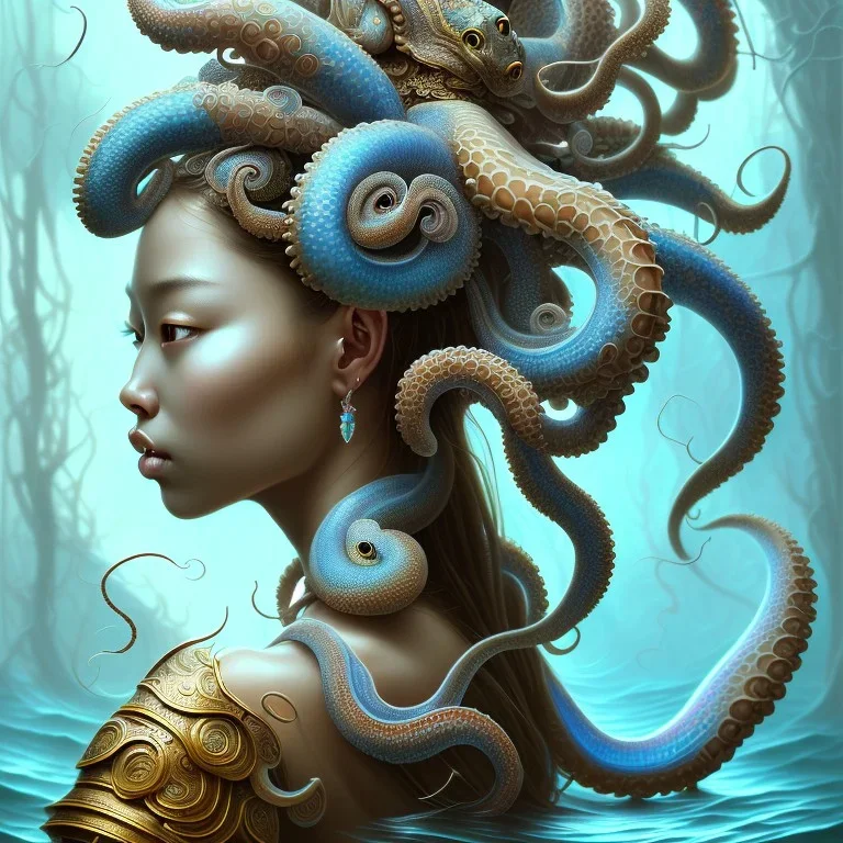 Sango fantasy, fantasy magic, intricate, sharp focus, illustration, highly detailed, digital painting, concept art, matte, art germ and Paul Lewin and Kehinde Wiley, masterpiece Japanese lady head bronze octopus' Asian African girl nice breast Thai hair turquoise silver blue under water