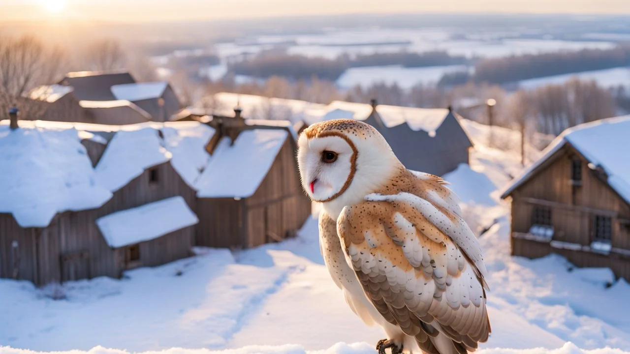 angel's view back to the camera a barn owl seen from the back from the top view flying over a winter small village, snowy landscape, little light, sunrise, some small Hungarian old country houses from above, perspective, high detailed, sharp focuses, photorealistic, cinematic