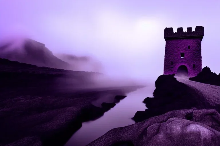 old castle, foggy, lava, drawbridge. surrounded by cliffs, purple