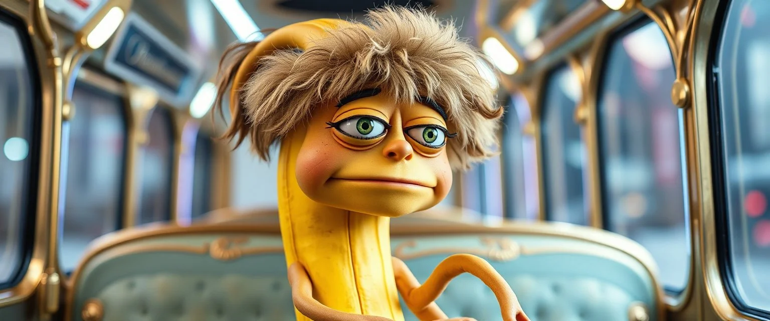 close up portrait of hairy fluffy polymer clay cute female happy worried banana monster with realistic human colored and textured skin, and long sleek limbs and with studio lights, on a luxury ornate neon buss, talking to his aunt