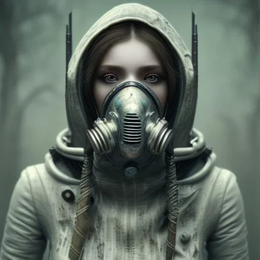 portrait of beautiful woman wearing ultra cyberpunk dystopian fashion, gas mask, ripped clothing, mist and fog, 8k, high-quality, ultra-fine detail, Brian Froud, Howard Lyon, Anna Dittman, Anne Stokes, Selina French, Greg Rutowski