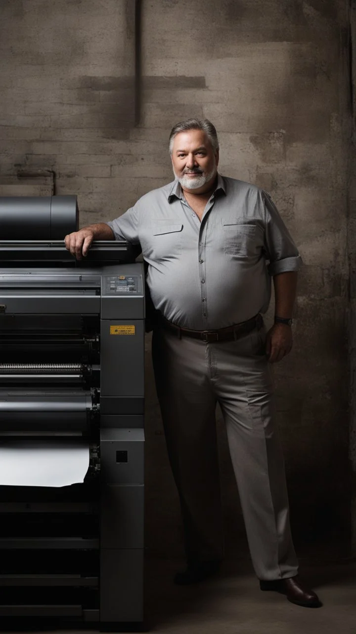 full figure shot photography of an italian strong massive big chubby 50 year old man in opened gray trousers, manly chest, unbuttoned shirt, short beard, shirtless, printer in an old printing house, next to a huge old printer, dim light, side light, ambient occlusion