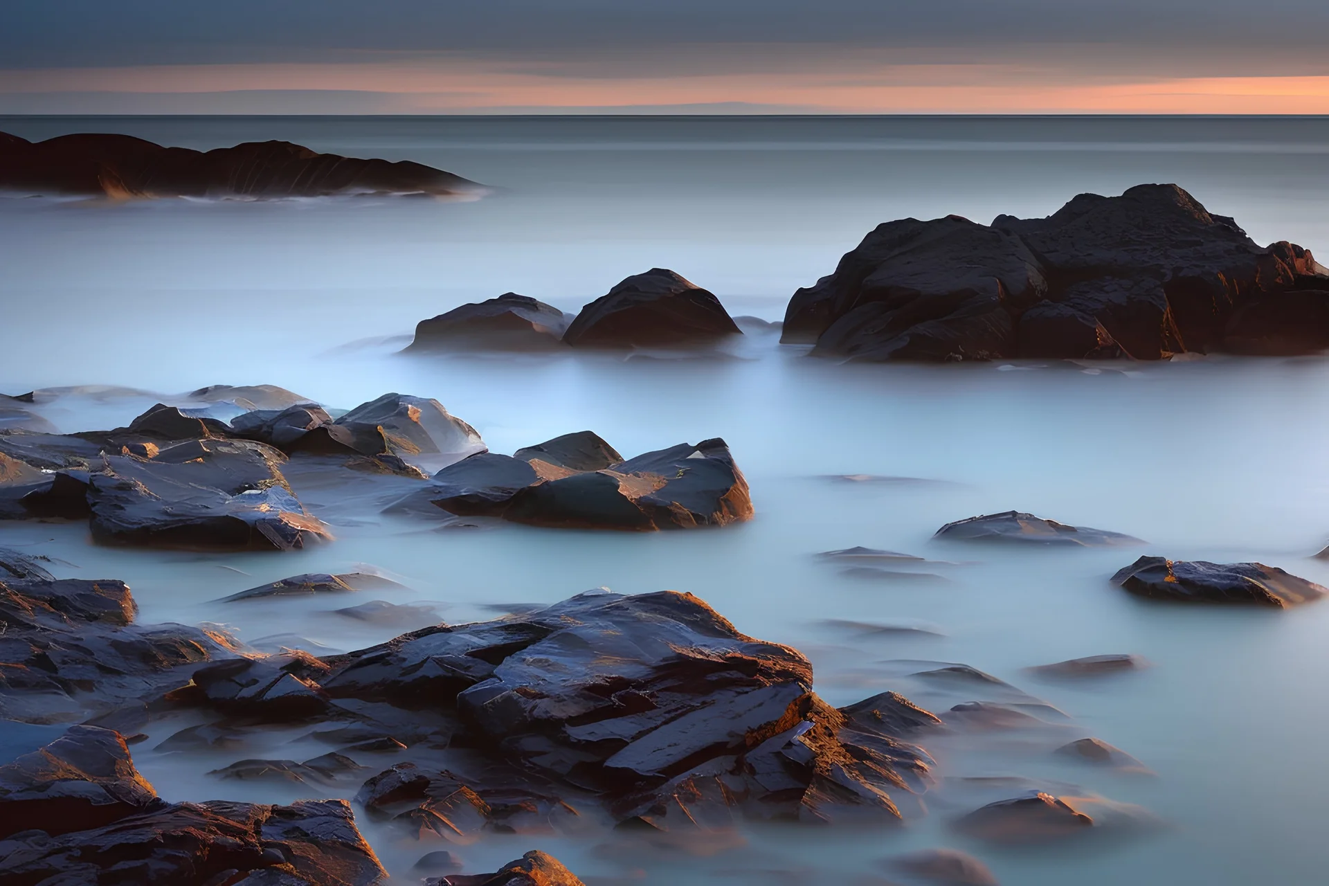 Seascape of calm blue ocean and rocky shore in the foreground