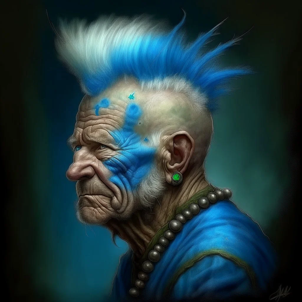 a detailed portrait of old man with a extravagant blue mohawk by edouard bisson, punk rock, oil painting, muted colors, soft lighting