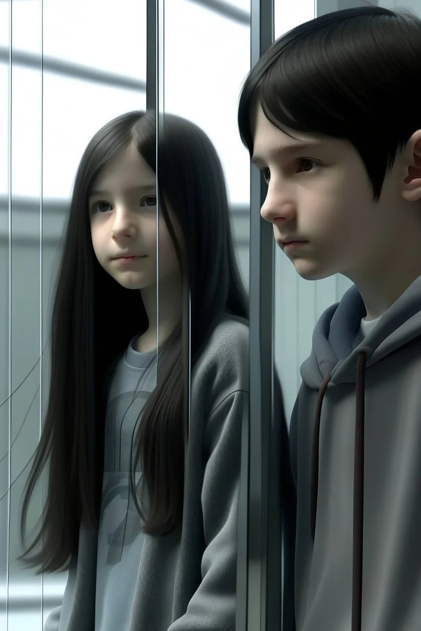 A girl and a boy separated by a glass wall The girl has long black hair Photorealistic