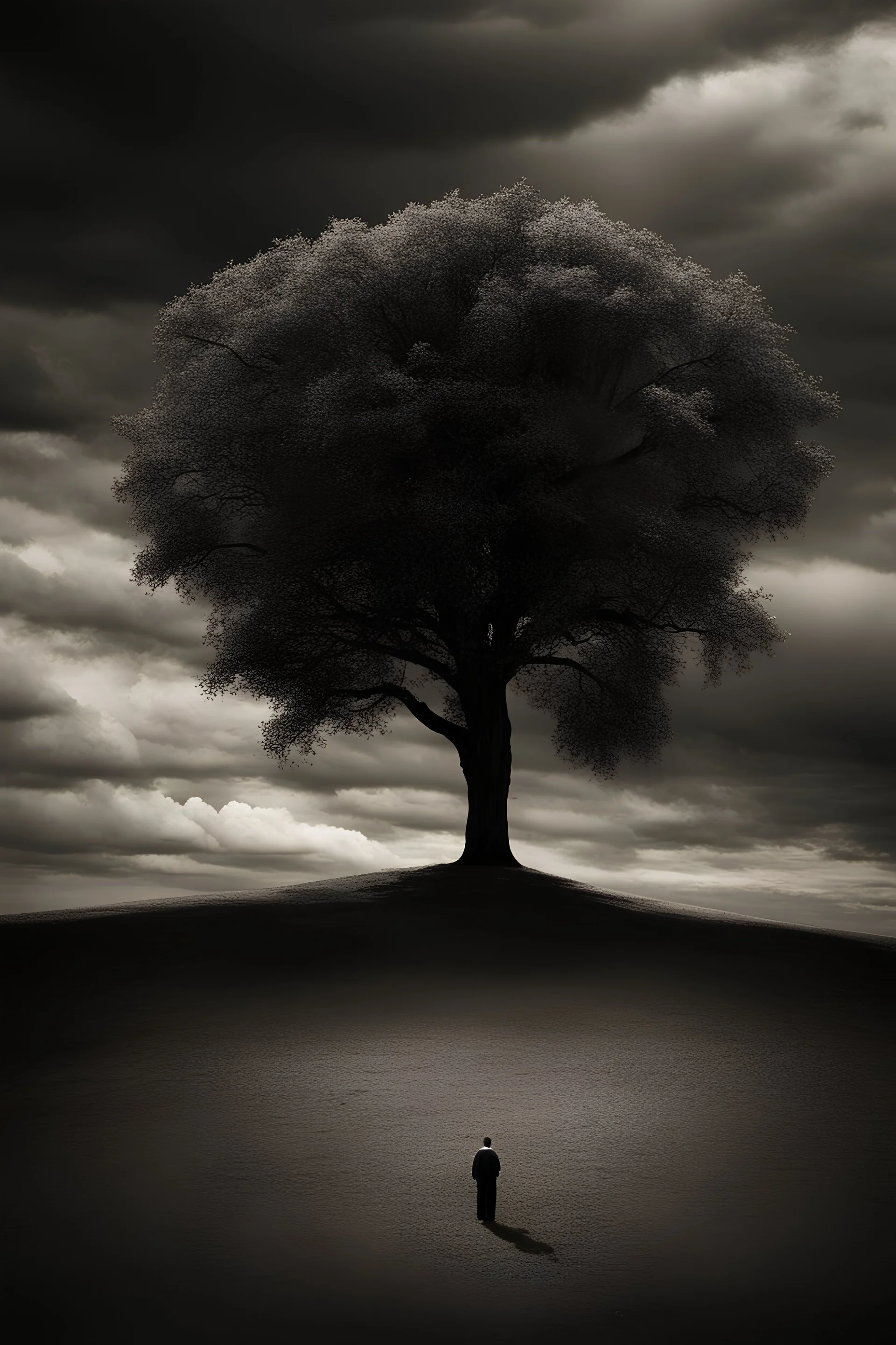 Single tree too small, too far away, distant view, conceptual photo, art photo, illusion, fine art, huge dark cloudy sky, ray light, surrealism, black and white