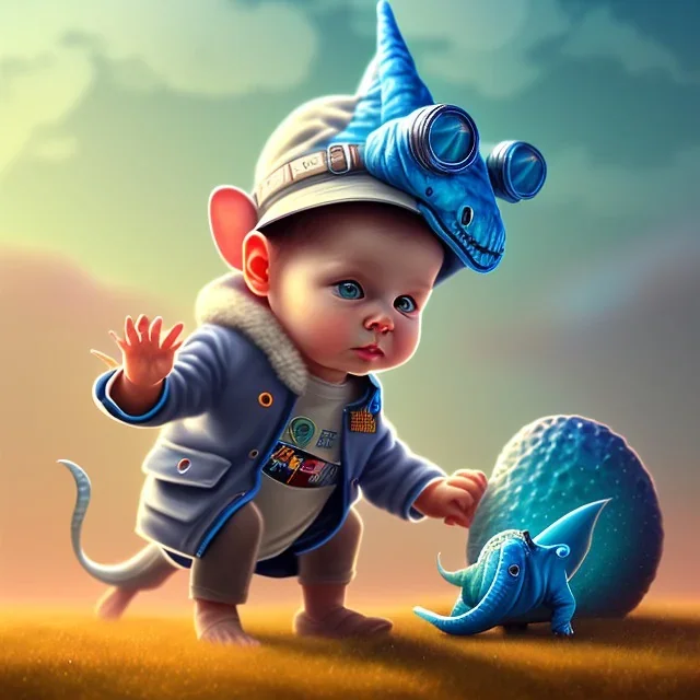 1yo little szymon is on safari onthe moon. petting a blue dinosaur. he has big binoculars and a funny hat. High detailed. Cinematic. Digital painting. Warm lights.