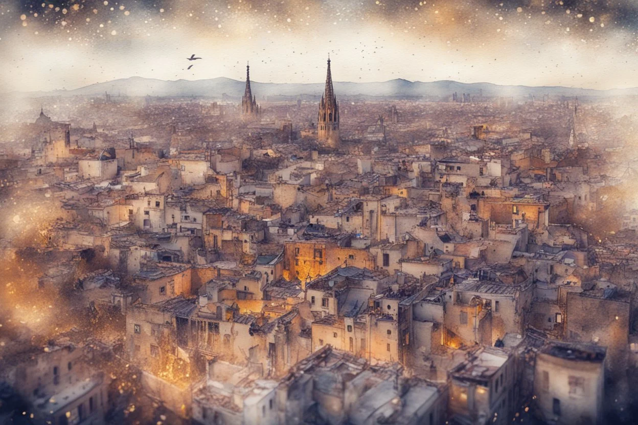 birds eye barcelona, watercolor and black ink outlines, sparkling golden glitter, ethereal, cinematic postprocessing, bokeh, dof, S<AI