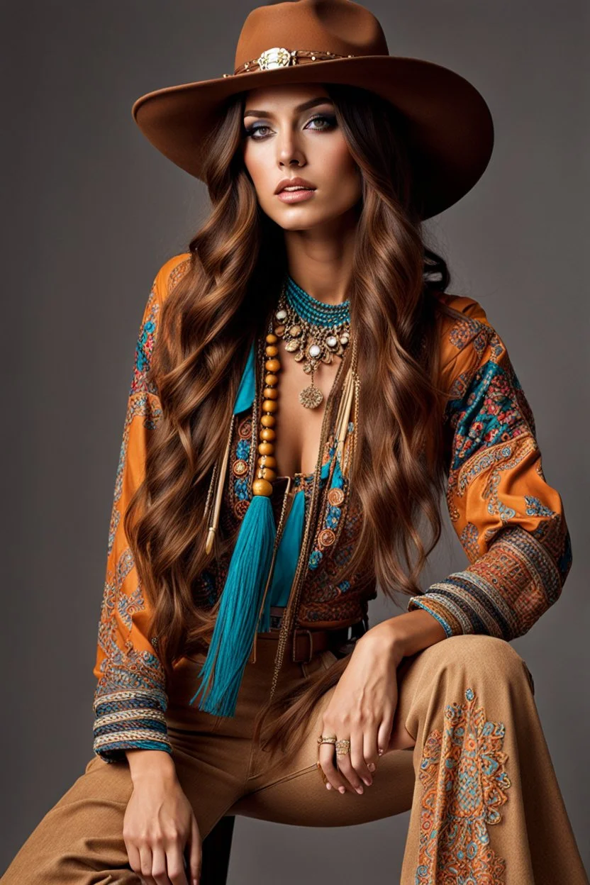 high fashion magazine, studio photography, portrait of a hippie cowgirl, young spanish beauty model, longer hair, beautiful face, beautiful skin advertising