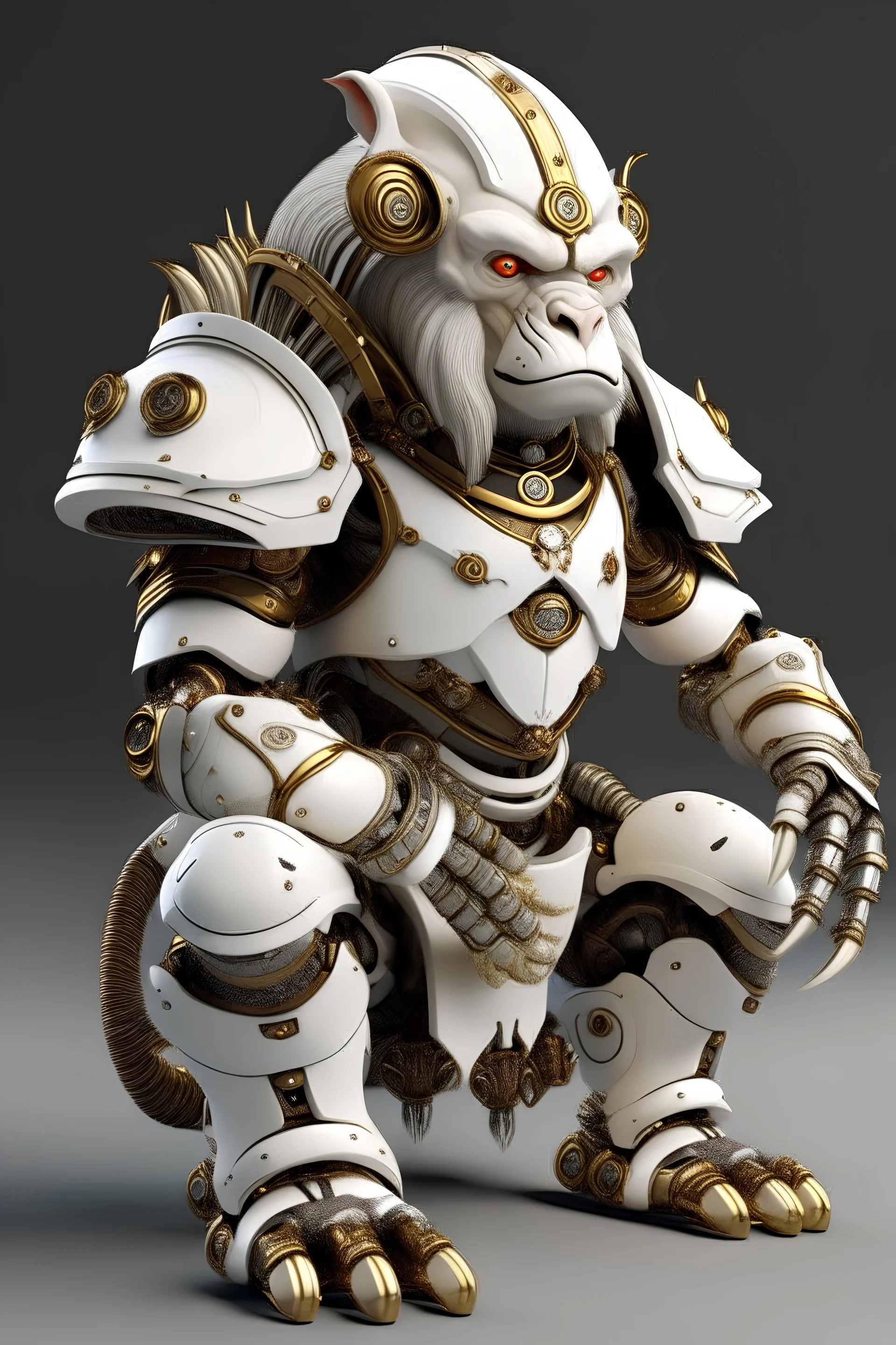 robot hanuman with white fur, wearing plate armor