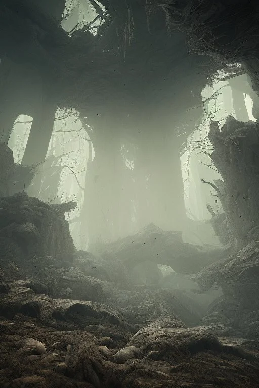 A spooky wasteland, 8k, bas-relief, extraterrestrial, eerie, jagged rocks, peaceful, cinematic 4d, volumetric light