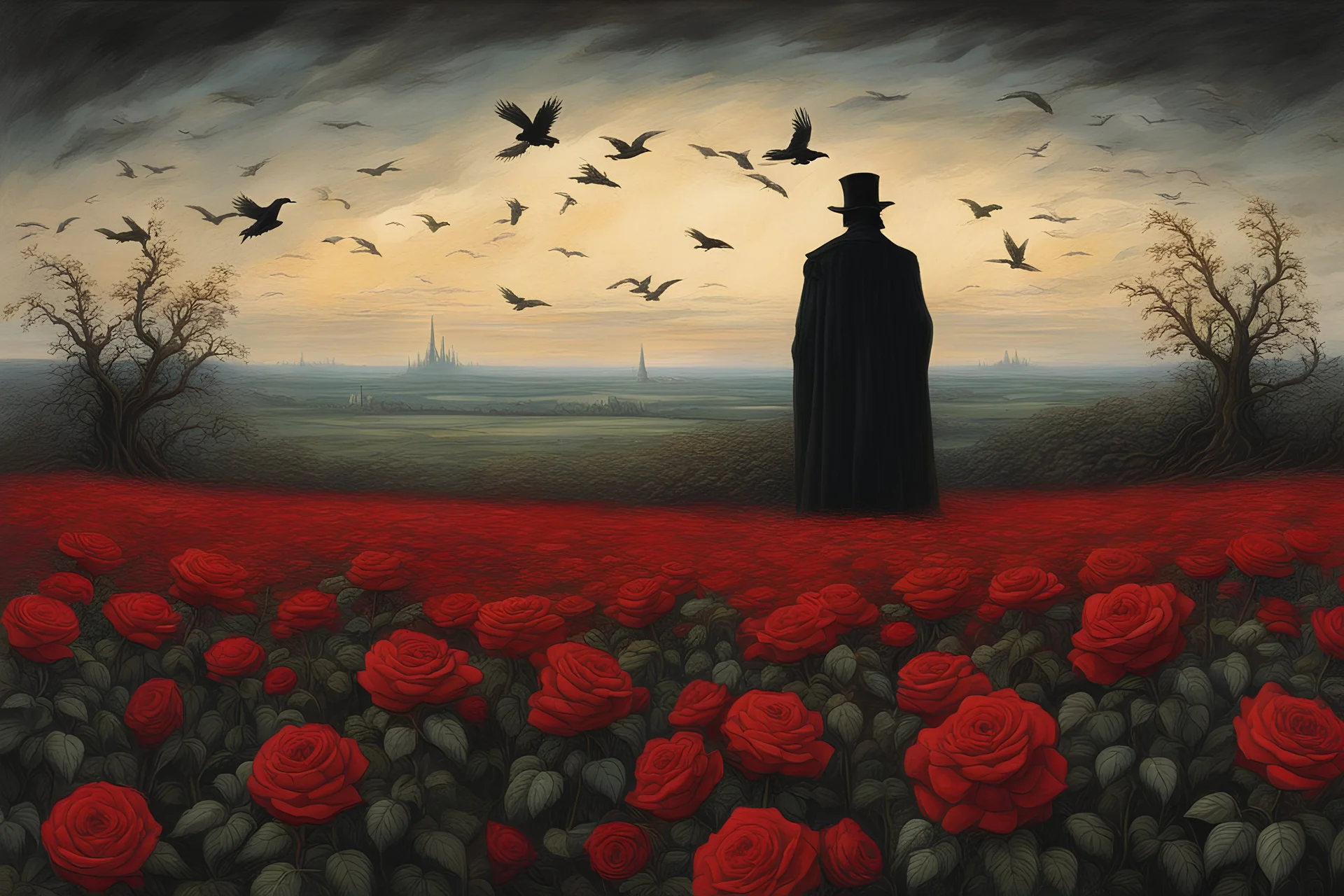 Childe Roland to the Dark Tower Came, standing in a proliferous field of red roses, a crow is flying; style Caspar David Friedrich