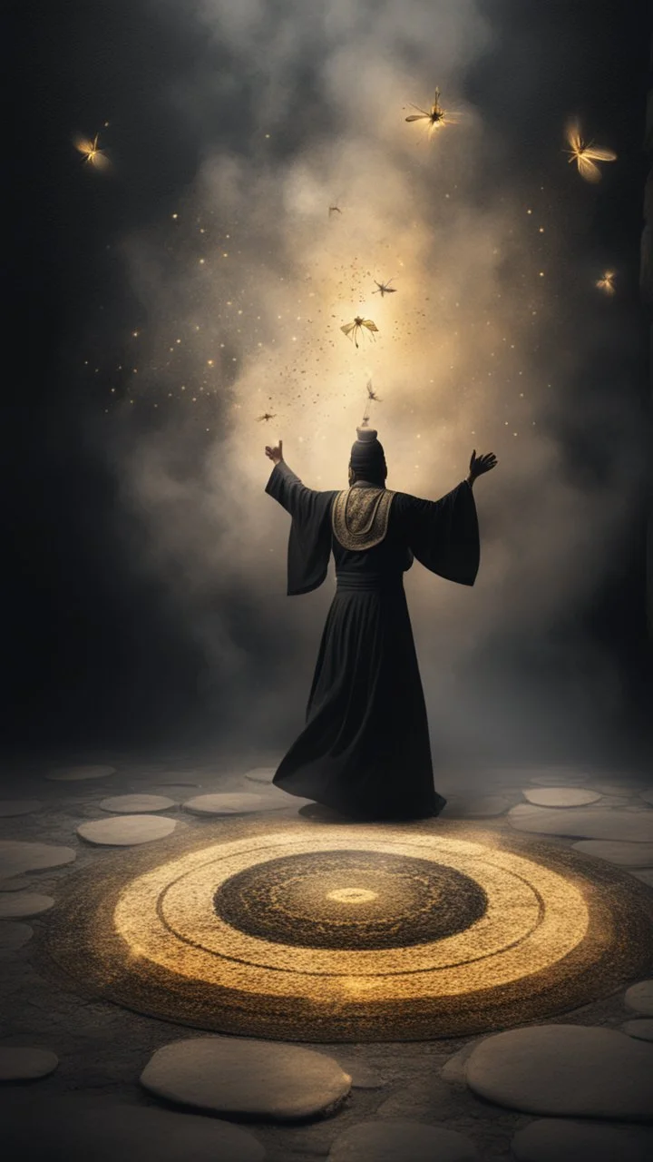 Hyper Realistic Sufi Whirling on stone floor with black & Golden Islamic Sufi Rustic Grungy Background with heavy fog & fireflies at dark night